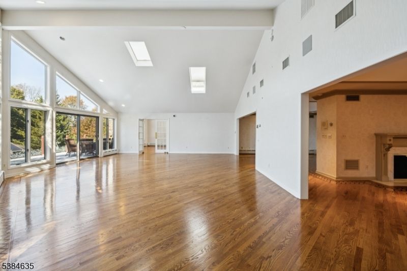 Empty room, Fireplace, Interior, Recessed Lighting, Wood Texture Flooring
