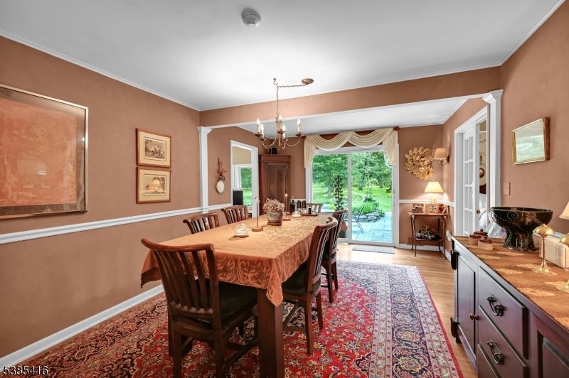 Chandelier, Dining room, Interior, Wood Texture Flooring