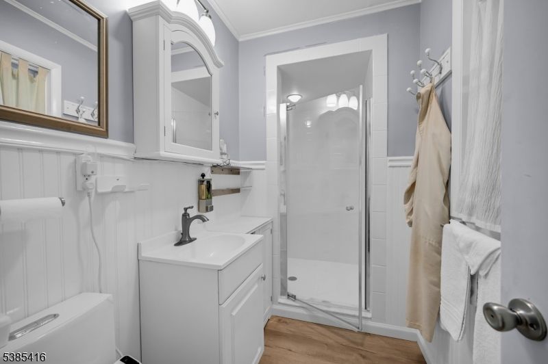 Bathroom, Glass Shower, Interior, Wood Texture Flooring