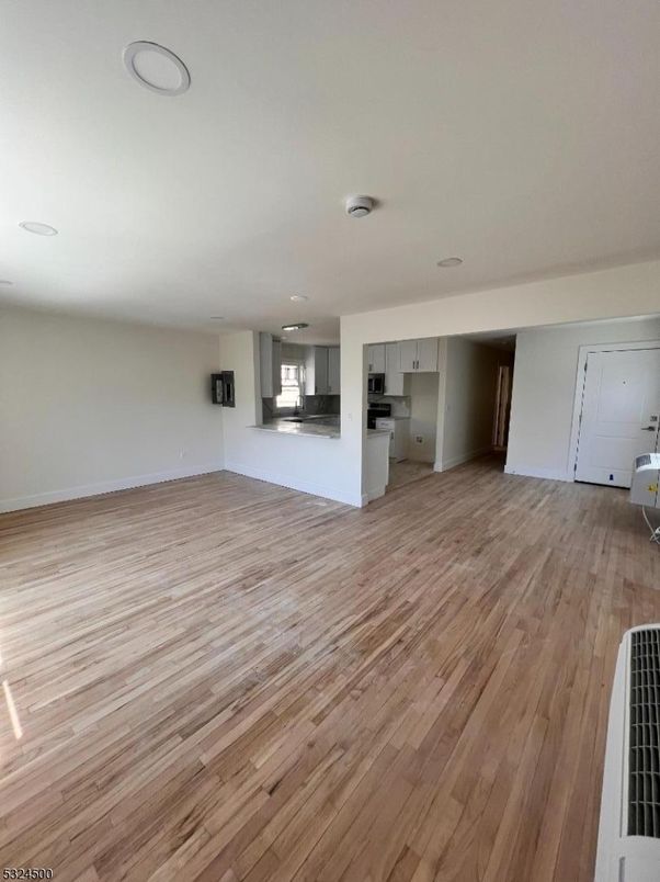 Empty room, Interior, Kitchen, Recessed Lighting, Wood Texture Flooring
