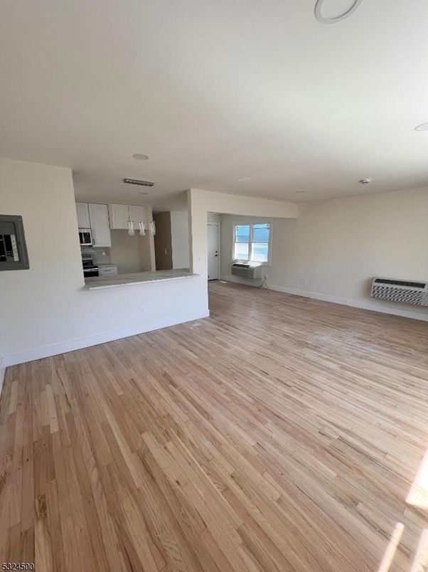 Empty room, Interior, Kitchen, Stainless Steel Appliances, Wood Texture Flooring