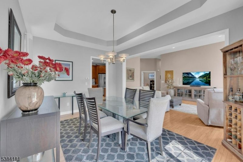 Dining room, Interior, Living room, Pendant Lights, Recessed Lighting, Wood Texture Flooring