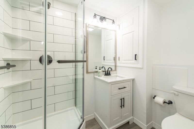 Bathroom, Glass Shower, Interior, Wood Texture Flooring