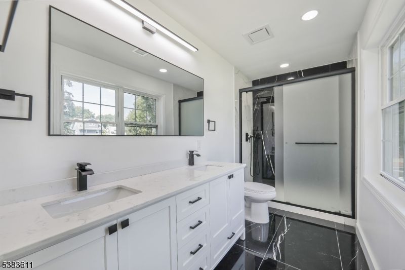 Bathroom, Dual Sink Vanities, Interior, Marble, Recessed Lighting