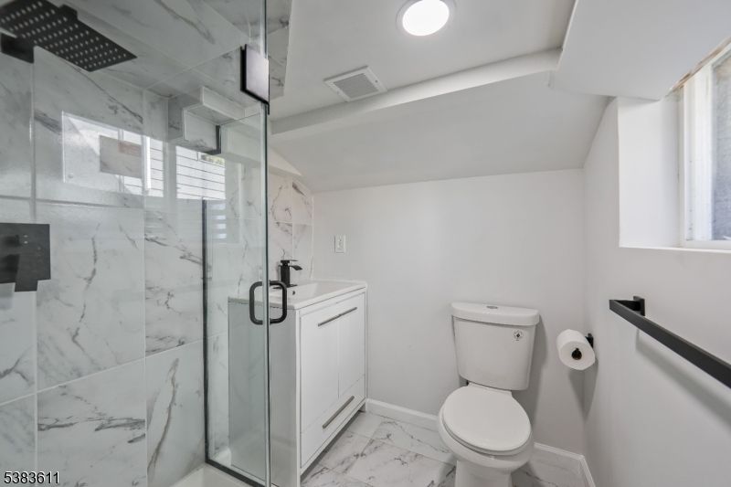Bathroom, Glass Shower, Interior, Marble, Marble Walls, Recessed Lighting