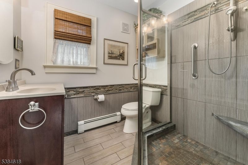 Bathroom, Glass Shower, Interior, Recessed Lighting, Wood Texture Flooring