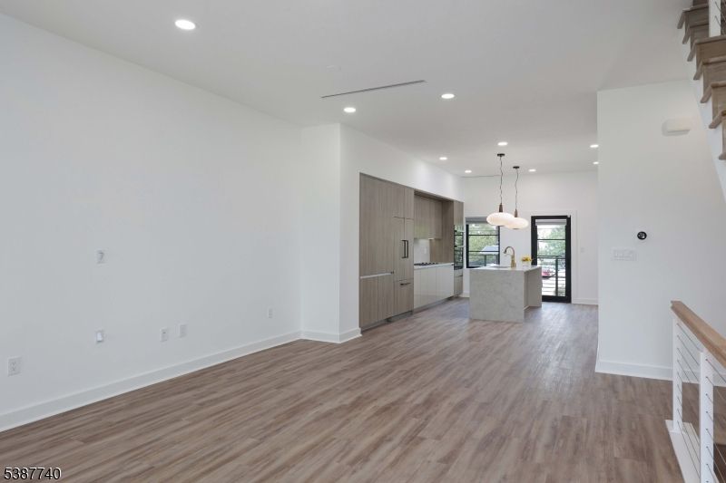 Empty room, Interior, Kitchen, Pendant Lights, Recessed Lighting, Wood Texture Flooring