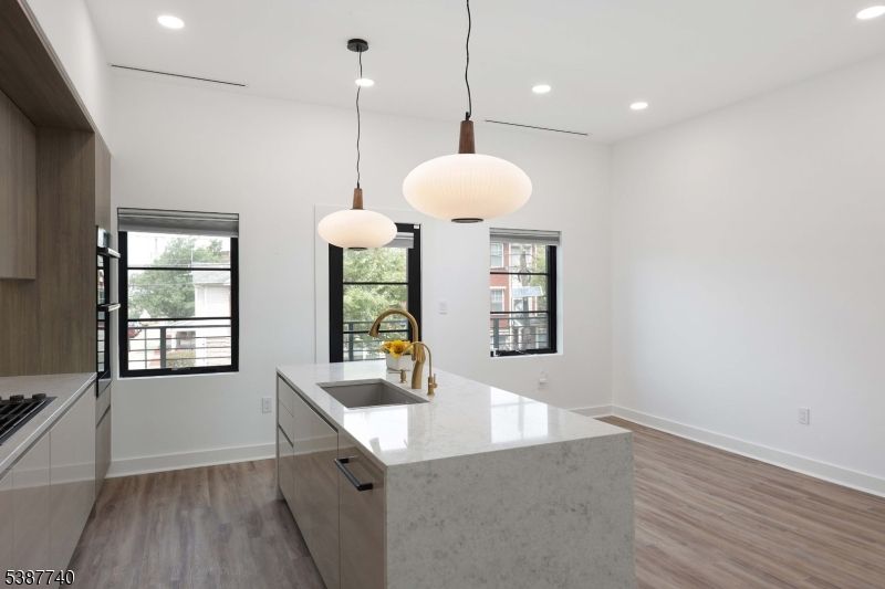 Interior, Kitchen, Pendant Lights, Recessed Lighting, Wood Texture Flooring