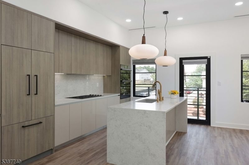 Interior, Kitchen, Pendant Lights, Recessed Lighting, Stainless Steel Appliances, Wood Texture Flooring