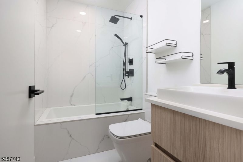Bathroom, Glass Shower, Interior, Marble Walls, Recessed Lighting