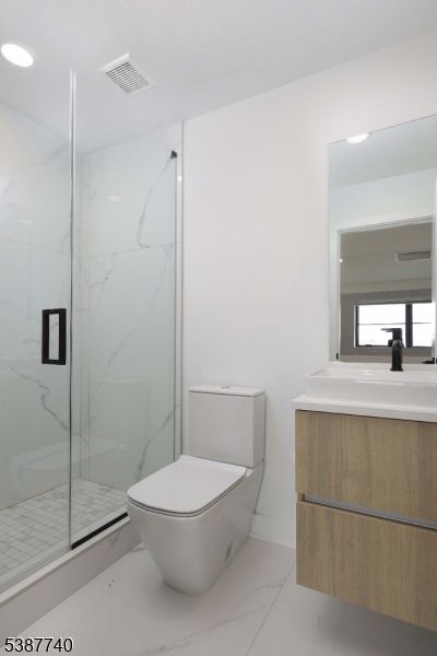Bathroom, Glass Shower, Interior, Marble, Marble Walls, Recessed Lighting