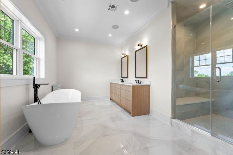 Bathroom, Dual Sink Vanities, Free Standing Baths, Glass Shower, Interior, Marble, Recessed Lighting
