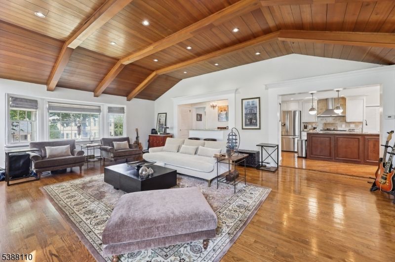 Interior, Kitchen, Living room, Pendant Lights, Recessed Lighting, Stainless Steel Appliances, Wooden Beams, Wooden Ceilings, Wood Texture Flooring