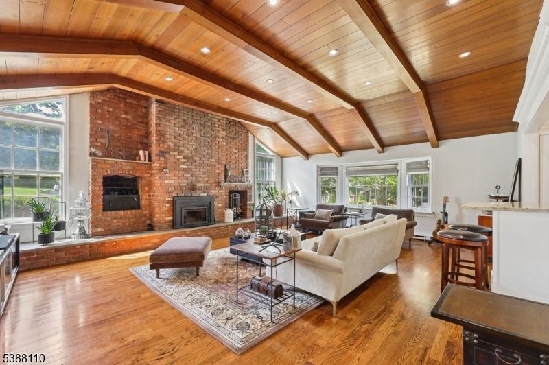 Fireplace, Interior, Living room, Recessed Lighting, Stone Walls, Wooden Beams, Wooden Ceilings, Wood Texture Flooring