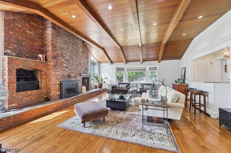 Fireplace, Interior, Living room, Recessed Lighting, Stone Walls, Wooden Beams, Wooden Ceilings, Wood Texture Flooring