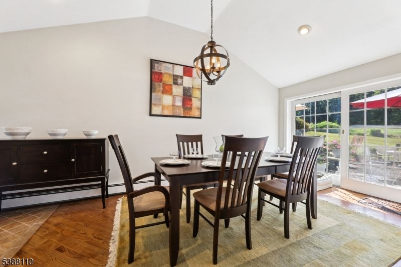 Chandelier, Dining room, Interior, Pendant Lights, Recessed Lighting, Wood Texture Flooring
