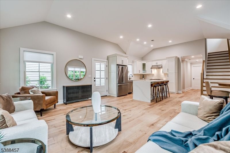 Dining room, Interior, Kitchen, Living room, Recessed Lighting, Stainless Steel Appliances, Wood Texture Flooring