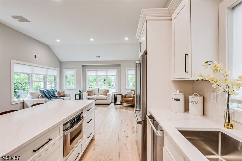 Interior, Kitchen, Living room, Recessed Lighting, Stainless Steel Appliances, Wood Texture Flooring