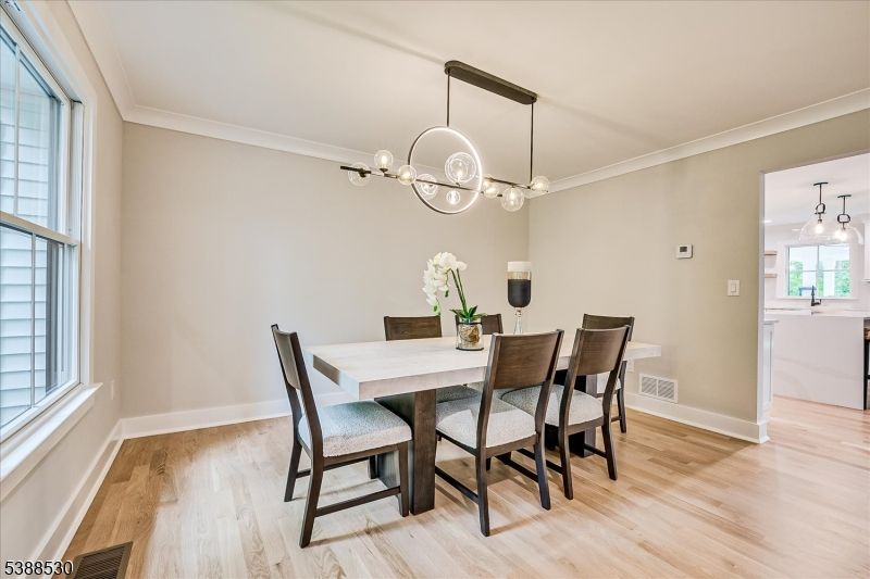 Dining room, Interior, Pendant Lights, Wood Texture Flooring