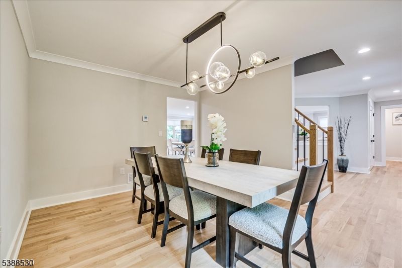 Dining room, Interior, Pendant Lights, Recessed Lighting, Wood Texture Flooring