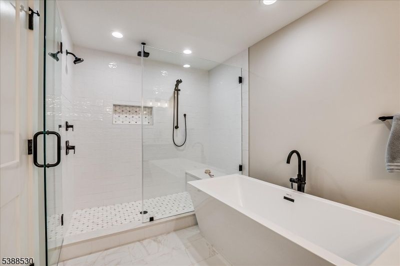 Bathroom, Free Standing Baths, Glass Shower, Interior, Marble, Recessed Lighting