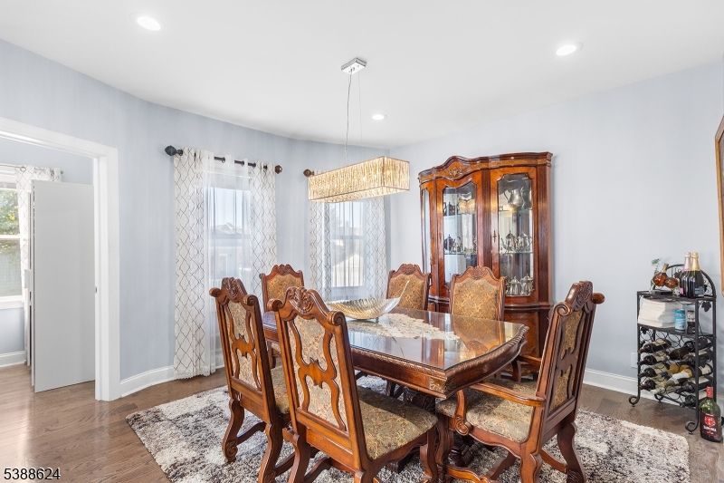 Dining room, Interior, Pendant Lights, Recessed Lighting, Wood Texture Flooring