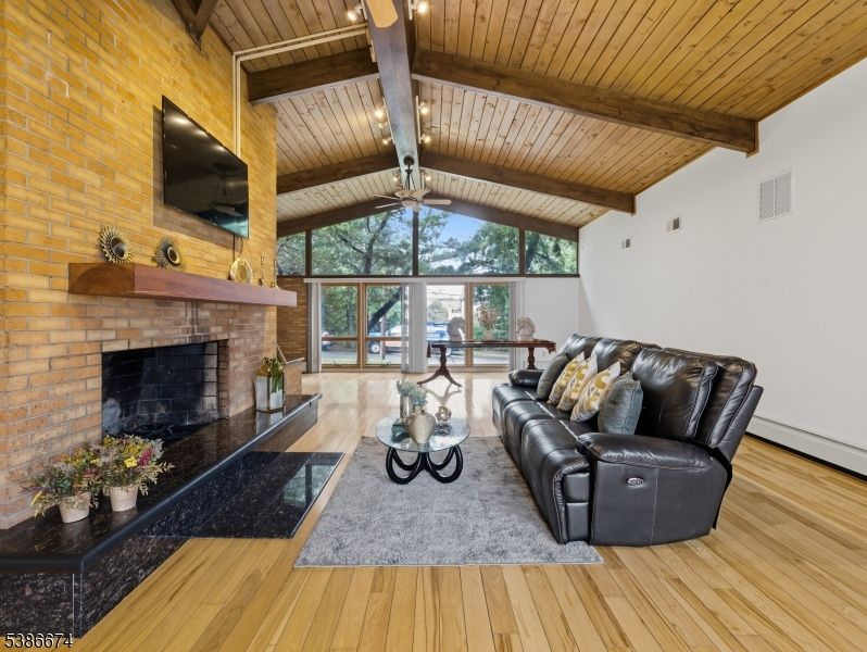 Fireplace, Interior, Living room, Stone Walls, Wooden Beams, Wooden Ceilings, Wood Texture Flooring