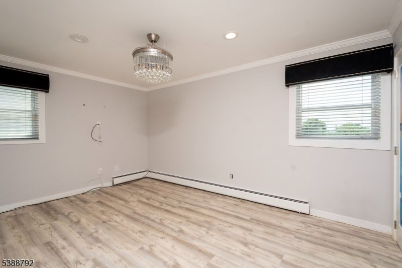 Chandelier, Empty room, Interior, Recessed Lighting, Wood Texture Flooring