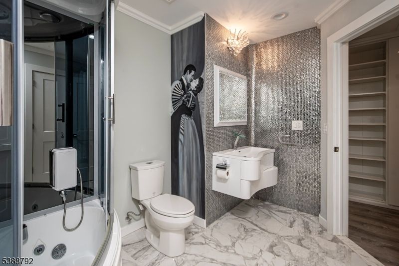 Bathroom, Chandelier, Glass Shower, Interior, Marble, Recessed Lighting