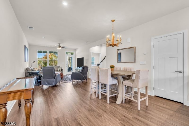 Chandelier, Dining room, Interior, Living room, Recessed Lighting, Wood Texture Flooring
