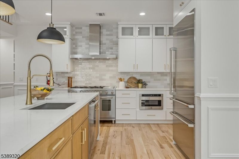 Interior, Kitchen, Pendant Lights, Recessed Lighting, Stainless Steel Appliances, Wood Texture Flooring