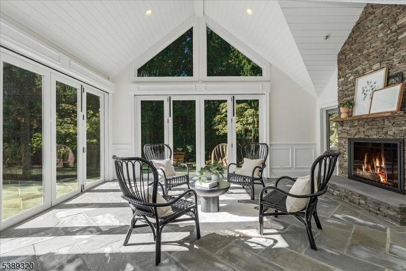 Fireplace, Interior, Recessed Lighting, Stone Walls, Sun Room