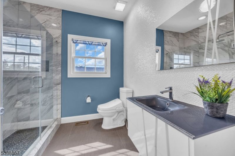 Bathroom, Glass Shower, Interior, Marble Walls, Recessed Lighting