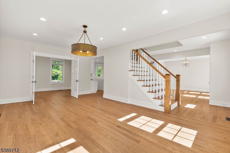 Chandelier, Empty room, Interior, Pendant Lights, Recessed Lighting, Wood Texture Flooring