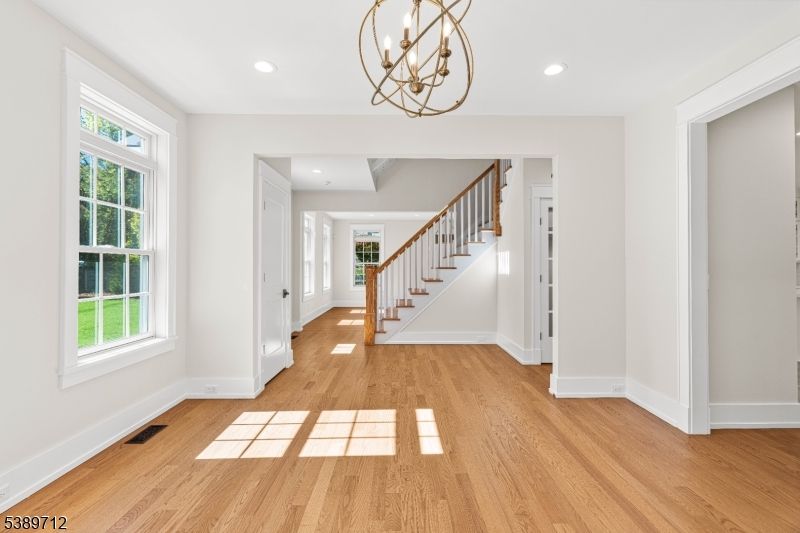 Chandelier, Empty room, Interior, Recessed Lighting, Wood Texture Flooring