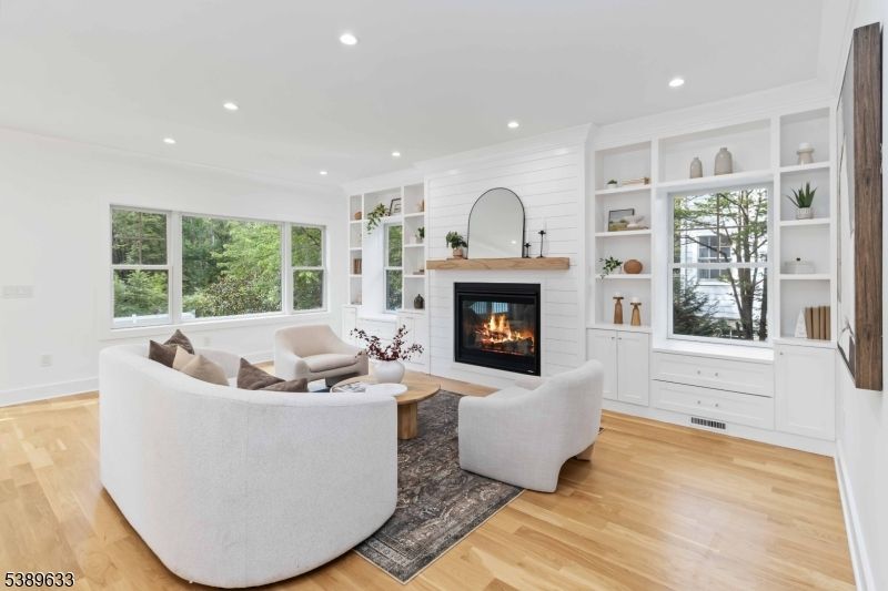 Fireplace, Interior, Living room, Recessed Lighting, Wood Texture Flooring