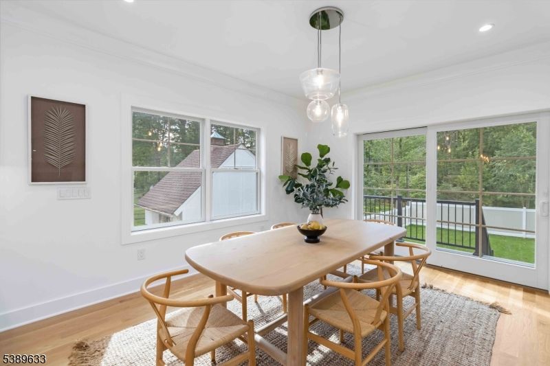 Dining room, Interior, Pendant Lights, Recessed Lighting, Wood Texture Flooring