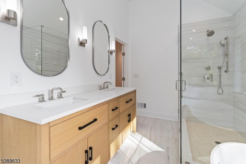 Bathroom, Dual Sink Vanities, Glass Shower, Interior, Recessed Lighting, Wood Texture Flooring