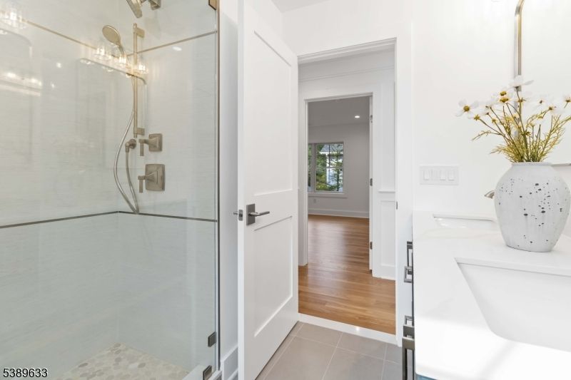 Bathroom, Glass Shower, Interior, Recessed Lighting, Wood Texture Flooring