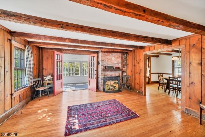Dining room, Fireplace, Interior, Stone Walls, Wooden Beams, Wood Texture Flooring, Wooden Walls