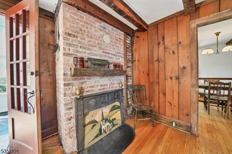 Dining room, Fireplace, Interior, Stone Walls, Wood Texture Flooring, Wooden Walls