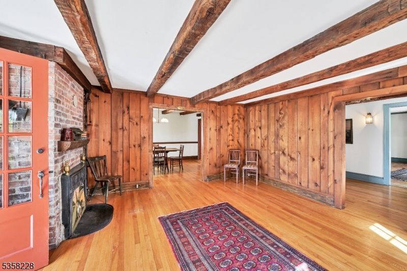 Dining room, Empty room, Fireplace, Interior, Wooden Beams, Wood Texture Flooring, Wooden Walls