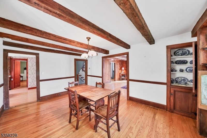Chandelier, Dining room, Interior, Wooden Beams, Wood Texture Flooring