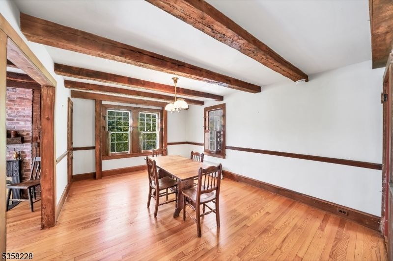 Dining room, Interior, Pendant Lights, Wooden Beams, Wood Texture Flooring