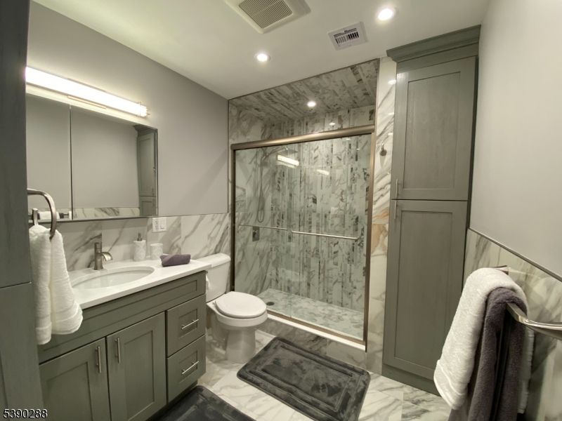 Bathroom, Glass Shower, Interior, Marble, Marble Walls, Recessed Lighting