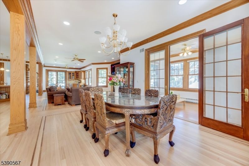 Chandelier, Dining room, Interior, Living room, Recessed Lighting, Wood Texture Flooring