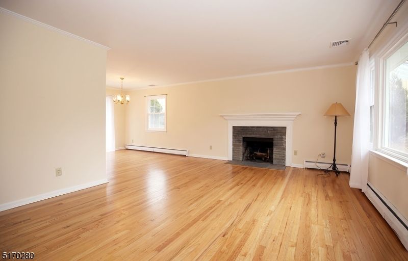 Chandelier, Empty room, Fireplace, Interior, Wood Texture Flooring