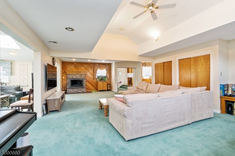 Fireplace, Interior, Living room, Recessed Lighting, Wooden Walls