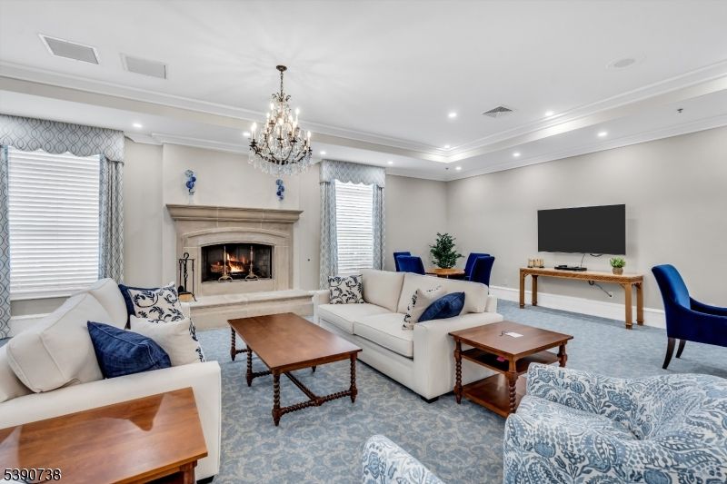 Chandelier, Fireplace, Interior, Living room, Recessed Lighting