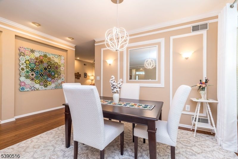 Chandelier, Dining room, Interior, Pendant Lights, Wood Texture Flooring